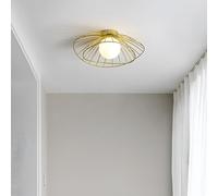 Industrial Metal Straw Hat Semi-Flush Mount Ceiling Light with Milky White Glass Bulb - Stylish Farmhouse Illumination for Living Room, Hallway, and Bedroom