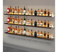 Industrial Metal Wall Mounted Wine Rack with LED Light, 3 Tier Iron Bar Shelves, Liquor Bottle Display Shelf with Wine Glass Holder, Floating Storage Rack for Home Bar De