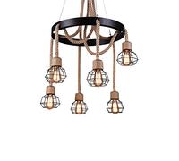 Industrial Natural Hemp Rope Metal Cage Hanging Ceiling Light V-intage Pendant Lamp Chandelier Compatible with Living Room Kitchen Restaurant 6-Lights Certificated Flush Mount Led