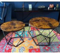 VASAGLE Coffee Tables, Set of 2 Side Tables, Robust Steel Frame, for Living Room, Bedroom, Rustic Brown and Black LET040B01