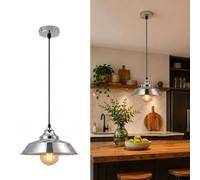 Industrial Pendant Light Chrome Ceiling Metal Light Shade E27 Lamp Holder | Modern Large Curvy Dome Metal Shade Fixture Adjustable Cable Polished Chrome Antique Hanging Lamp for Kitchen Island Bar Cafe