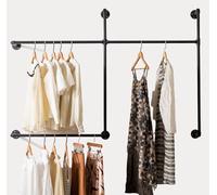 Industrial Pipe Clothing Rack Heavy Duty Wall Mounted Clothes Rack,Pipe Garment Rack Rail,Indoor Detachable Multi-Purpose Clothing Hanging Rod/Garment Bar, Black (3 hanging rods wall garment rack)
