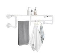 Industrial Pipe Rail Clothes Rack Wall Mounted Coat Board Shelf Wooden Metal Garment Kitchen Hanger with Four Bases for Hallways, Bedrooms, Living Rooms,Bag-Load 66Lbs, 104*22*19cm (White)