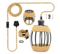 Industrial Plug in Pendant Lighting with 16x14 cm Lampshade, 510 cm Rustic Hemp Rope Hanging Lamp with Plug and Switch,Vintage Metal Basket Ceiling Pendant Light, E27 Lamp Holder, for Loft, No Bulb