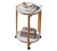 Industrial Round Side Table with Wheels 2 Storage Snack Table for Small Spaces White Wooden Top Nightstand for Living Room & Bedroom 43CM