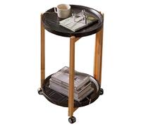 Industrial Round Side Table with Wheels 2 Storage Snack Tables for Small Spaces Wooden Desktop Nightstand Sofa End Table for Living Room & Bedroom (Nero 53CM)