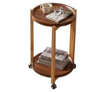 Industrial Round Side Table with Wheels 2-Storage Snack Tables for Small Spaces Wooden Top Nightstand for Living Room & Bedroom Brown (43CM)