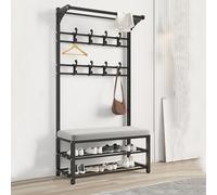Industrial Rustic Hall Tree with Bench & Shoe Storage Entryway Coat Rack & Shoe Bench Easy Assembly SpaceSaving Design (Black 80cm)