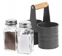 Industrial Salt and Pepper Shakers with Holder, Salt & Pepper Pots with Metal Stand and Carry Handle, Glass Cruet Set