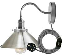Industrial Satin Nickel Wall Sconce with Plug-in Cord, Vintage Metal Shade, Rustic Farmhouse Wall Light with On/Off Switch - Easy Install Wall Mount Lamp for Bedroom (Satin Nickel + Bulb)