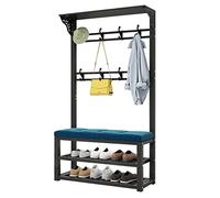 Industrial Shoe Bench Coat Rack Stand with 8 Hooks Freestanding Garment Rack & Shoe Shelf for Narrow Hallway & Bedroom Multi-Functional Hall Tree for Coats Hats & Handbags