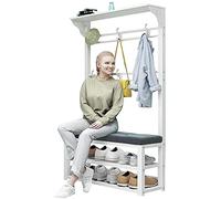 Industrial Shoe Bench Coat Rack with 8 Hooks Freestanding Garment Hanger & Shoe Shelf Hall Tree for Narrow Hallway & Bedroom Hat & Handbag Organizer
