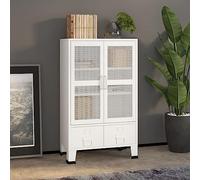 Industrial Storage Cabinet White Metal 70 x 40 x 115 cm with 2 Drawers, 2 Shelves, Grid Doors, Name Plate Holder for Living Room, Bedroom, Storage Space