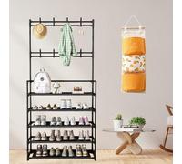 Industrial-Style Clothes Rack with Shoe Storage, 8 Removable Hooks, Adjustable Height 151/167 cm, Sturdy Metal Design for Hallway, Bedroom, Entryway - Black, 5-Tier.