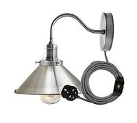 LEDSone Industrial Satin Nickel Wall Sconce with Plug-in Cord, Vintage Metal Shade, Rustic Farmhouse Wall Light with On/Off Switch - Easy Install Wall Mount Lamp for Bedroom (Satin Nickel)