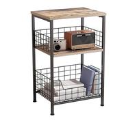 Industrial Style Square Gray Small Side Table, Living Room And Bedroom Metal Coffee Table, With Double-Layer Wooden Tabletop, With A Hollow Storage Mesh Basket At The Bottom(A)