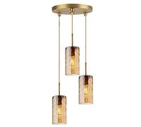 Industrial Vintage 3 Way Pendant Light Cluster w/Rippled Glass Cylinder Lampshade Brass E27 Ceiling Hanging Lamp 3-Lights Chandelier for Dining Room (Amber A)