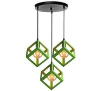 Industrial Vintage E27 Pendant Light Retro Cube Cage Metal Chandelier Ø22cm Ceiling Lamp for Kitchen & Living Room Green Color 30cm Base Stylish Home Decor