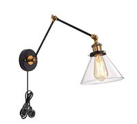 Industrial Vintage Plug in Cord and ON/Off Switch Wall Lamp, Adjustable Swing Arm Wall Sconce Lighting, Retro Loft E27 Brass Bedside Lamp (Clear Glass) (Clear Glass)