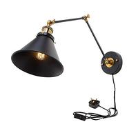 Industrial Vintage Plug in Cord and ON/Off Switch Wall Lamp, Adjustable Swing Arm Wall Sconce Lighting, Retro Loft E27 Brass Bedside Lamp (Clear Glass) (Black Metal)