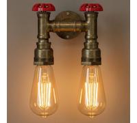 Industrial Vintage Twin Water Pipe Wall Light Black With Red Valve E27