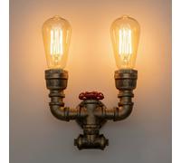 Industrial Vintage Twin Water Pipe Wall Light Brushed Copper With Red Valve E27