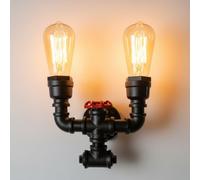 Industrial Vintage Water Pipe Twin Wall Light Black & Red Valve E27 Steampunk Wall Sconce for Bedroom, Bar, Pub, Farmhouse, Café, Hotel Interior Lighting (Black with Bulb - Twin Style)