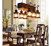 Industrial Vintage Wooden Light Retro Loft Lantern 3 and 6 Lights Ceiling Lights Glass Shade Metal Hanging Pendant Chandelier Farmhouse Suspension Lighting Fixture for Coffee Shop Restaurant,6 Heads