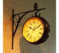 Industrial Wall Clock - Double Sided Retro Train Station Clock for Outdoor Garden - Weatherproof Hanging Vintage Clock with Bracket - Battery Operated Decorative Clock