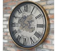 Industrial Wall Clock - with Cogs - Round - Antique Brass and White - Metal