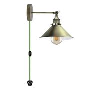 Industrial Wall-Mounted Light with Adjustable Arm, Metal Cone Shade, E27 Base, Vintage Plug-In Sconce with Fabric Cord, Perfect for Bedroom, Living Room, or Reading Nook (Without Bulb). (Green Brass)