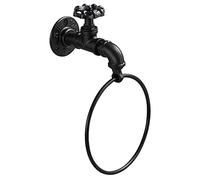 Industrial Wall Mounted Towel Ring Rustic Water Spigot Towel Ring Black Metal Faucet Towel Holder for Bathroom Kitchen
