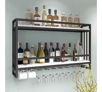 Industrial Wall Mounted Wine Rack Rustic Floating Shelves 2Tier Wooden Wine Bottle Holder with Glass Holder & Guardrail Black Wine Storage Display (100x20x61cm)