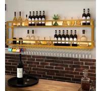 Industrial Wall Mounted Wine Rack with LED Light 2-Tier Wine Display & Glass Holder Multi-Functional Storage Cabinet for Home Bar Stylish Gold Finish (47.2x21.7x9.8in)