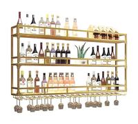 Industrial Wall Mounted Wine Rack with LED Light 3-Tier Wine Display Shelf & Glass Holder Multi-Functional Gold Wine Storage Cabinet for Home Bar - 47.2x35.4x9.8in