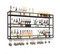 Industrial Wall Mounted Wine Rack with LED Light 3-Tier Wine Storage Cabinet Modern Glass Holder for Home Bar Space-Saving Wine Display Black 47.2x35.4x9.8in