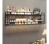 Industrial Wall Mounted Wine Rack with LED Light Modern 2-Tier Wine Display and Glass Holder Multi-Functional Storage Cabinet for Home Bar - Black (39.4x21.7x9.8in)