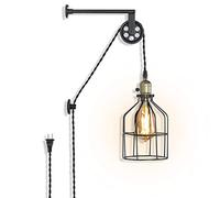 Industrial Wall Sconce with Cage, Black Rustic Wall Lamp with Plug in Cord, Vintage E27 Base Metal Wall Light Fixture Lift Pulley Lighting Retro Farmhouse Antique Decor for Bedrooms Living Room
