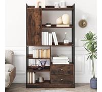 Industrial Wooden Bookshelf, 6-Tier Bookcase with Doors & Drawers, Floor-to-Ceiling Storage, Antique Brown Steel Frame, Modern Home Furniture for Living Room & Office
