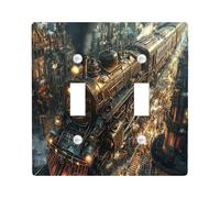 Industry Steam Train Decorative Switch Cover 2 Gang Double Toggle, Mechanical Landscape Switchcover Wall Plate, Vinatge Steampunk Electrical Faceplate for Bedroom Living Room Decor