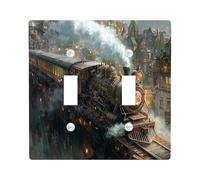 Industry Steam Train Decorative Switch Cover 2 Gang Double Toggle, Mechanical Landscape Wall Plate Cover, Standard Size, Vinatge Steampunk Electrical Faceplate for Bedroom Living Room Decor