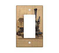 Industry Steam Train Switch Cover Wall Plate 1 Gang Single Rocker, Mechanical Steampunk Electrical Faceplate for Bedroom Bathroom Decor, Vinatge 70S Standard Size Switchplate