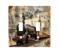 Industry Steam Train Switch Cover Wall Plate 2 Gang Double Toggle, Mechanical Scenic Electrical Faceplate for Bedroom Bathroom Decor, Vinatge Steampunk Standard Size Switchplate