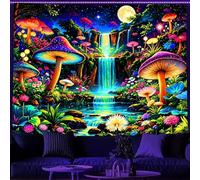 Ine Ive Blacklight Fantasy Moon Forest Tapestry UV Reactive Waterfall Tapestries 80x60Inch Starry Night Mushroom Wildflower Plant Black Light Poster Wall Hanging for Bedroom Home Decor