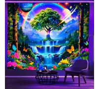 Ine Ive Blacklight Tree of Life Tapestry UV Reactive Galaxy Space Aesthetic Fantasy Tree Forest Waterfall Poster Colorful Nature Landscape Tapestries Wall Hanging for Bedroom (60x51Inch)