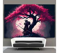 Ine Ive Japanese Samurai Tapestry for Bedroom Aesthetic - Full Moon Cherry Blossom Tree Warrior Asian Oriental Wall Art - 60x40 Inches - Japan Art for Dorm Office Home Decor - GTDWIE0301