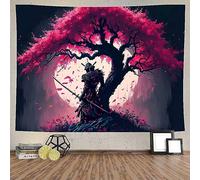 Ine Ive Japanese Samurai Tapestry for Bedroom Aesthetic Full Moon Cherry Blossom Tree Warrior Asian Oriental Room Wall Art 80x60 Inches Japan Art for Dorm Office Home Decor GTDWIE0191