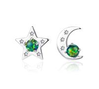 Inecklaced 925 Silver Earrings Women, Five-Pointed Star Fashion Moon Star Small Ear Clips Dark Green Opal Needle Ear Line For Lady, Charm Wedding Girl Ear Studs Hypoallergenic Jewelry Accessory