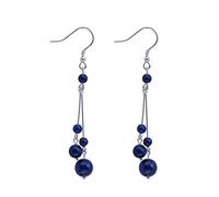 Inecklaced 925 Silver Earrings Women, Handmade Classic Dark Blue Lapis Lazuli Ear Clips Ethnic Round Beads Simple Long Ear Hooks, Chinese Style Female Ear Studs Hypoallergenic Jewelry Accessory