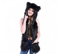 iNelihoo Faux Fur Hooded Scarf 3 in 1 Winter Women's Neckwarmer With Mittens, Hoodie Pocket Hat, Long Scarf Set - All Black, One Size